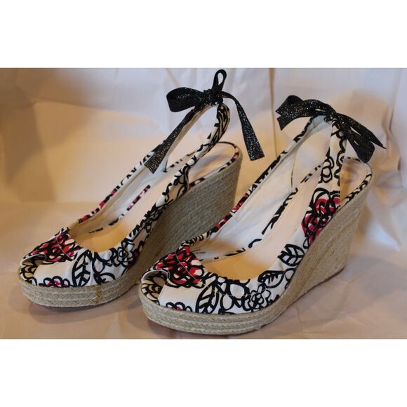 Coach Vintage Floral Espadrille Wedge Black White Red Jute 10 - Picture 4 of 9
